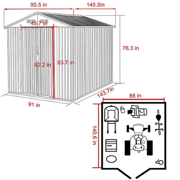 Veikous 8 x 12 Foot Outdoor Storage Shed with Lockable Door and Vents