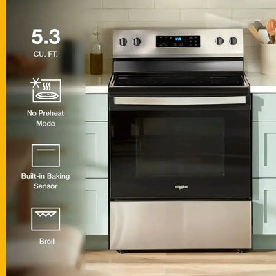 Whirlpool WFE535S0JS 5.3 cu. ft. Freestanding Electric Range with Fan Convection and Frozen Bake Technology, Stainless Steel