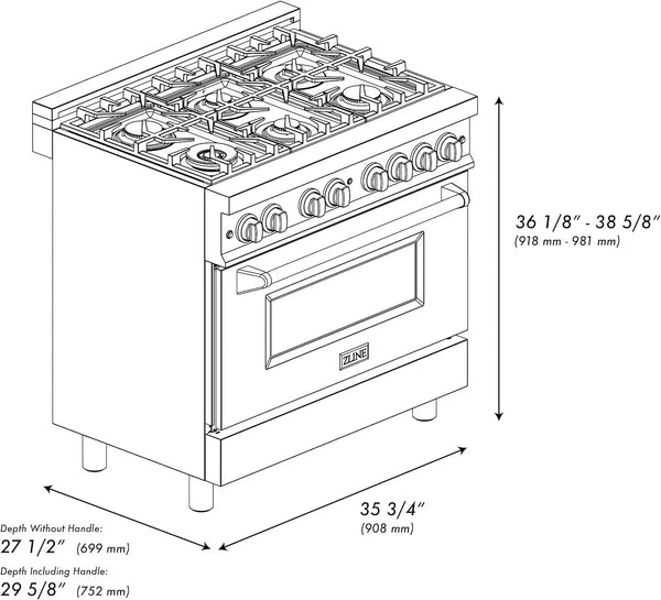 ZLINE 36 in. 4.6 cu. ft. Legacy Dual Fuel Range with 6 Burner Gas Cooktop and Electric Convection Oven in Stainless Steel (RA36)