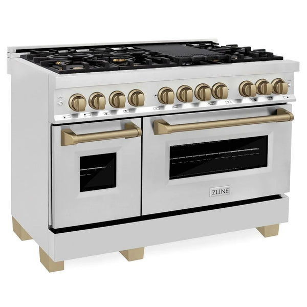 ZLINE Autograph Edition 48″ 6.0 cu. ft. Dual Fuel Range with Gas Cooktop and Electric Oven, Champagne Bronze Accents