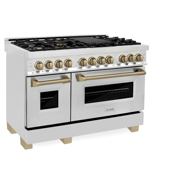 ZLINE Autograph Edition 48″ 6.0 cu. ft. Dual Fuel Range with Gas Cooktop and Electric Oven, Champagne Bronze Accents
