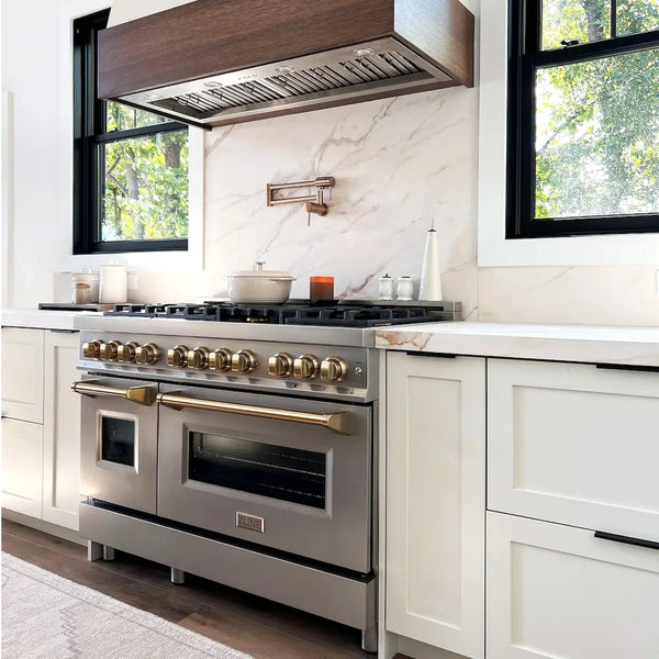 ZLINE Autograph Edition 48″ 6.0 cu. ft. Dual Fuel Range with Gas Cooktop and Electric Oven, Champagne Bronze Accents
