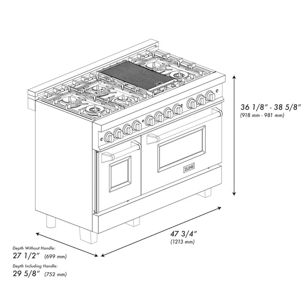 ZLINE Autograph Edition 48″ 6.0 cu. ft. Dual Fuel Range with Gas Cooktop and Electric Oven, Champagne Bronze Accents