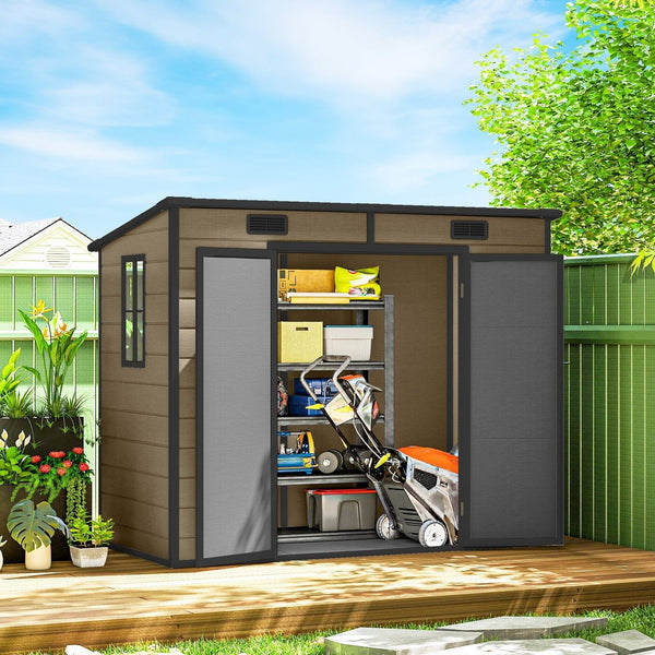 Outsunny 8′ x 4′ Outdoor Storage Shed Light Brown Resin