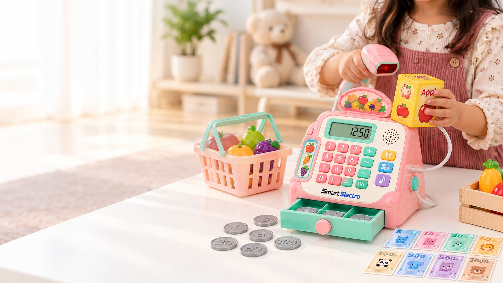 A child scans a toy grocery box with the pastel pink SmartElectro cash register, next to a basket of play fruit, coins and banknotes.