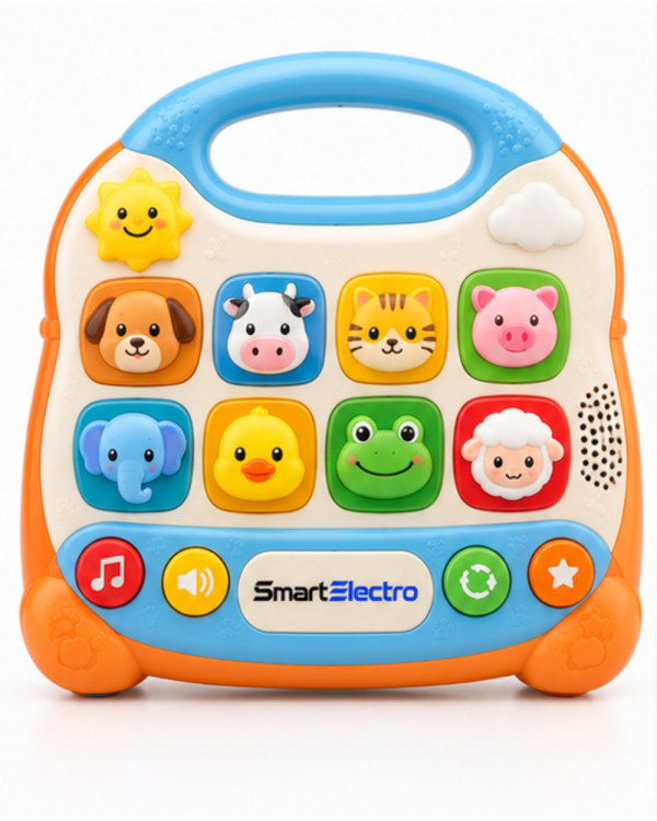 SmartElectro Electronic Animal Sound Learning Toy in soft orange with eight animal-shaped buttons, front view