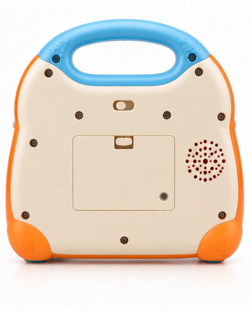 Back of the soft orange animal sound learning toy showing the screw-secured battery compartment