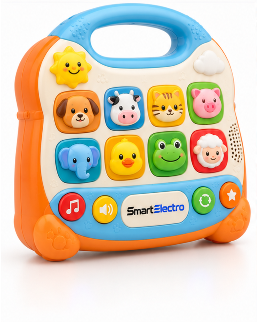 Angled view of the soft orange animal sound learning toy with sky blue handle and bottom bar