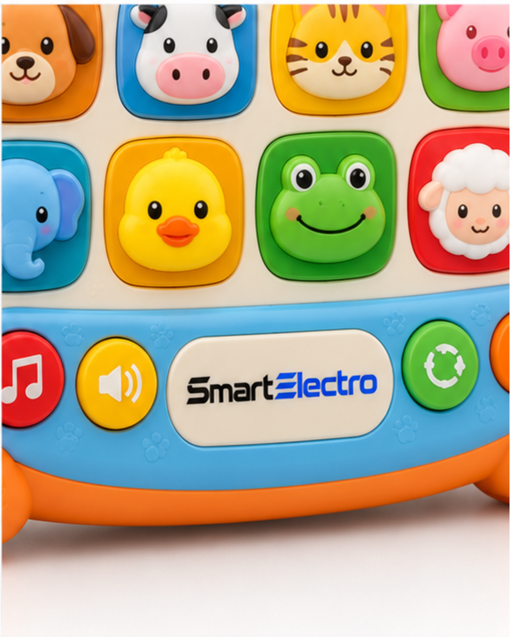 Close-up of the animal-shaped buttons and the SmartElectro branding on the animal sound learning toy