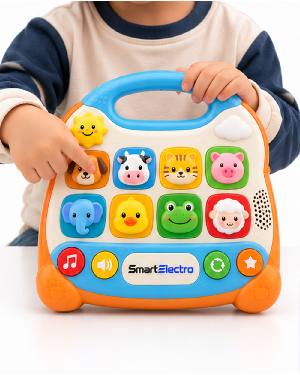 Child pressing the dog button on the SmartElectro animal sound learning toy