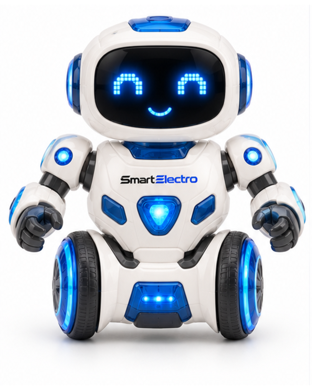SmartElectro Electronic Dancing Robot Toy in pearl white with blue LED eyes and lit wheels, front view