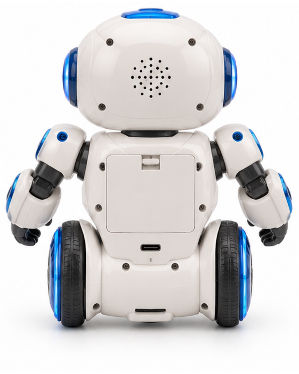 Back of the pearl white dancing robot toy showing the speaker grille, battery housing and USB-C port