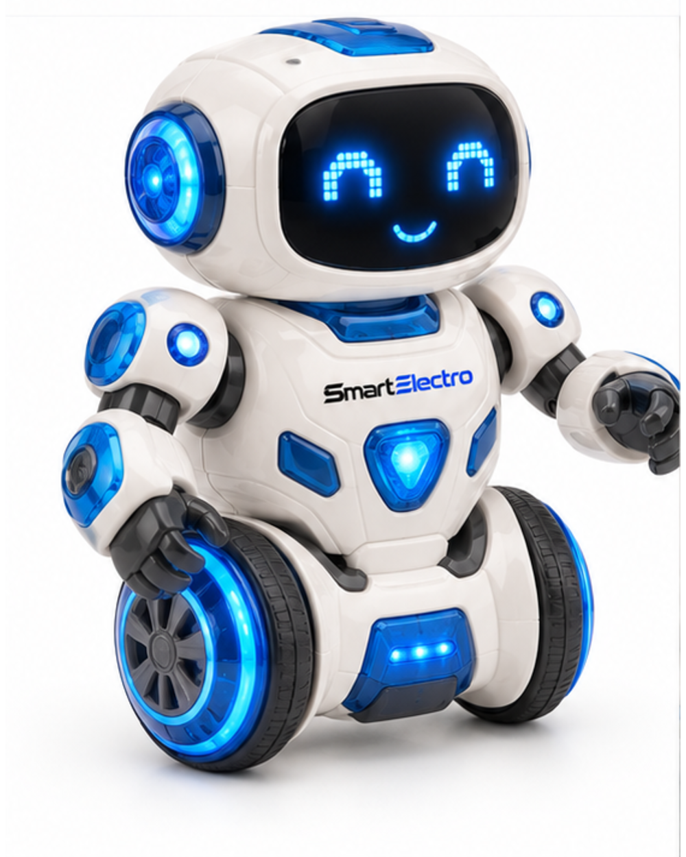 Angled view of the pearl white dancing robot toy with blue head lights and chest light
