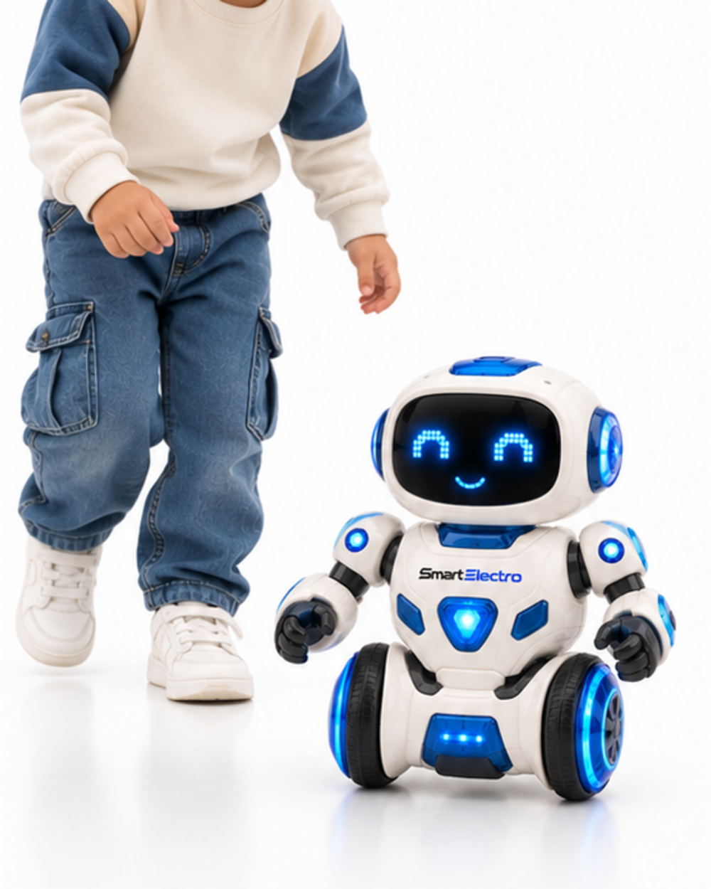 Child walking beside the SmartElectro dancing robot toy on a floor