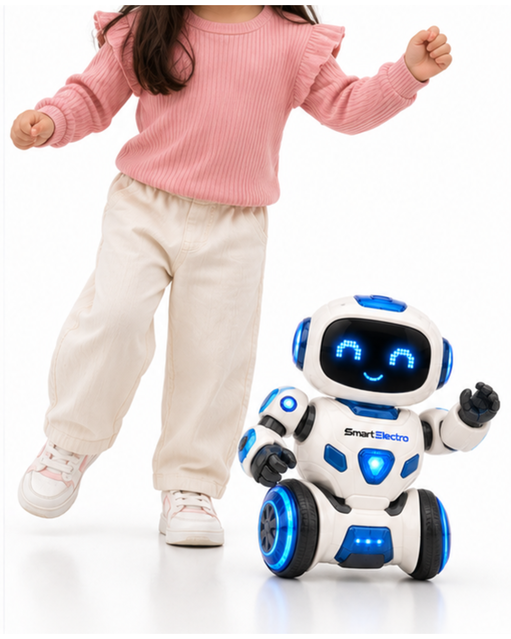 Child dancing next to the pearl white dancing robot toy