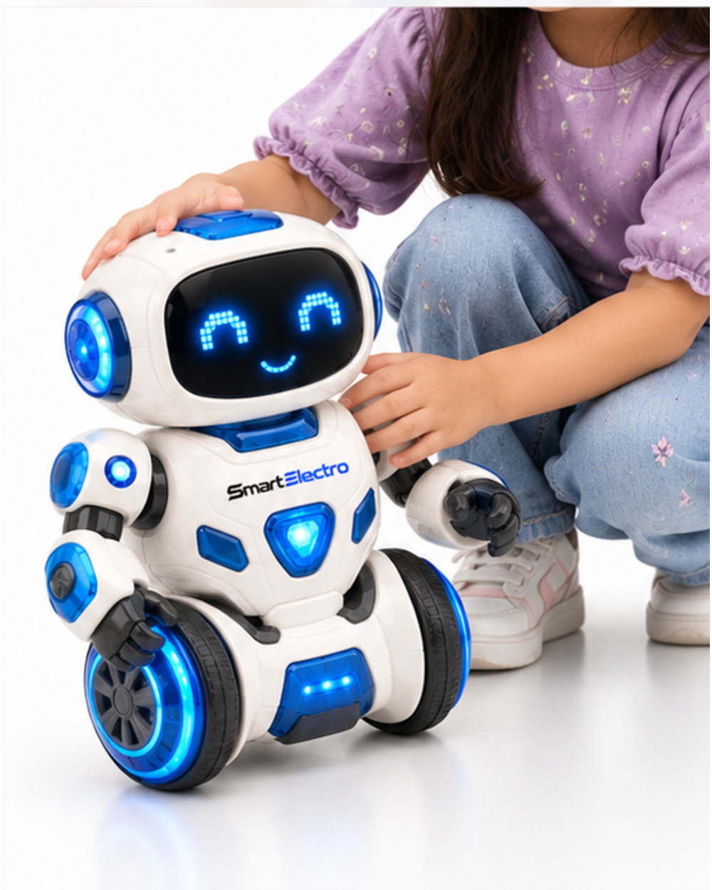 Child holding the SmartElectro dancing robot toy with both hands