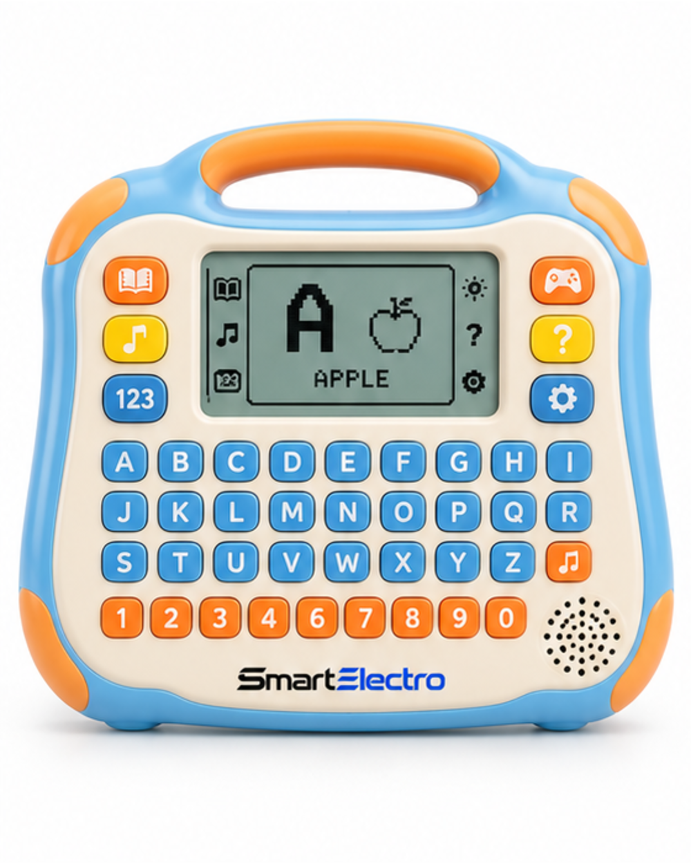 SmartElectro Electronic Learning Tablet Toy in sky blue, front view with LCD screen, letter and number buttons