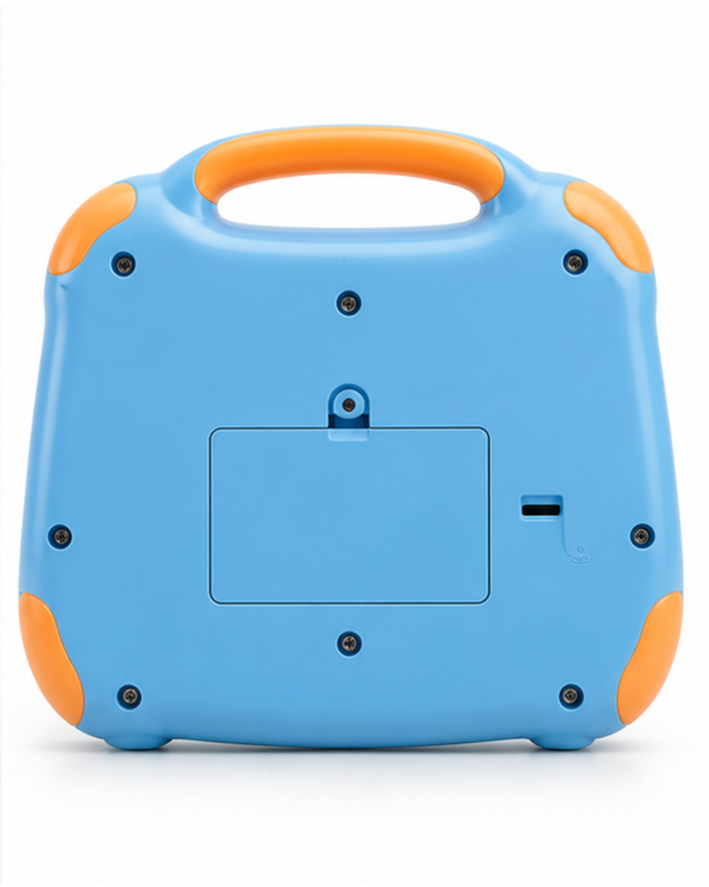 Back of the sky blue learning tablet toy showing the screw-secured battery compartment