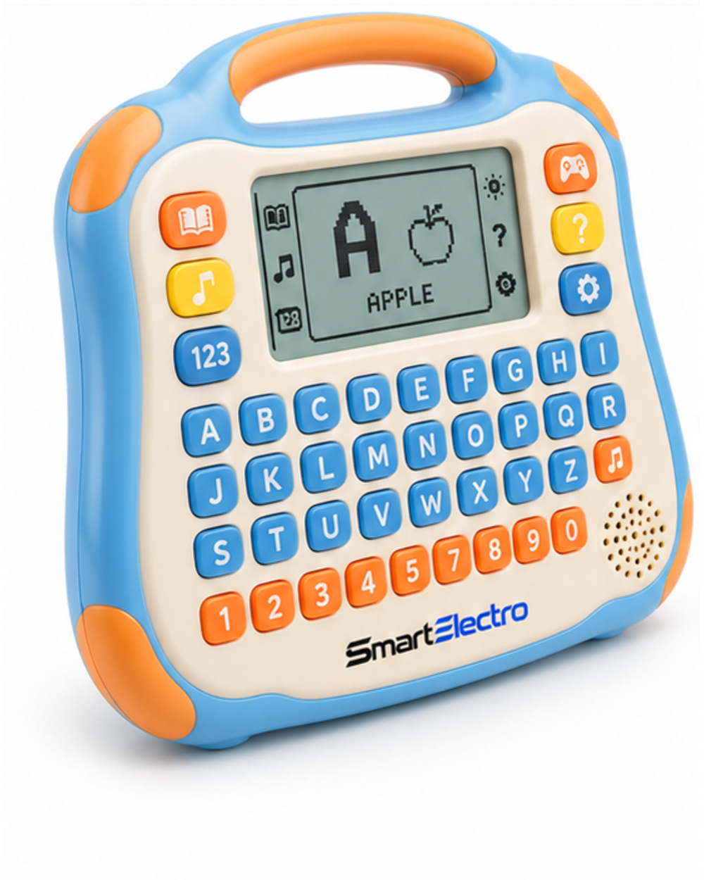 Angled view of the sky blue learning tablet toy with orange corner bumpers and carry handle