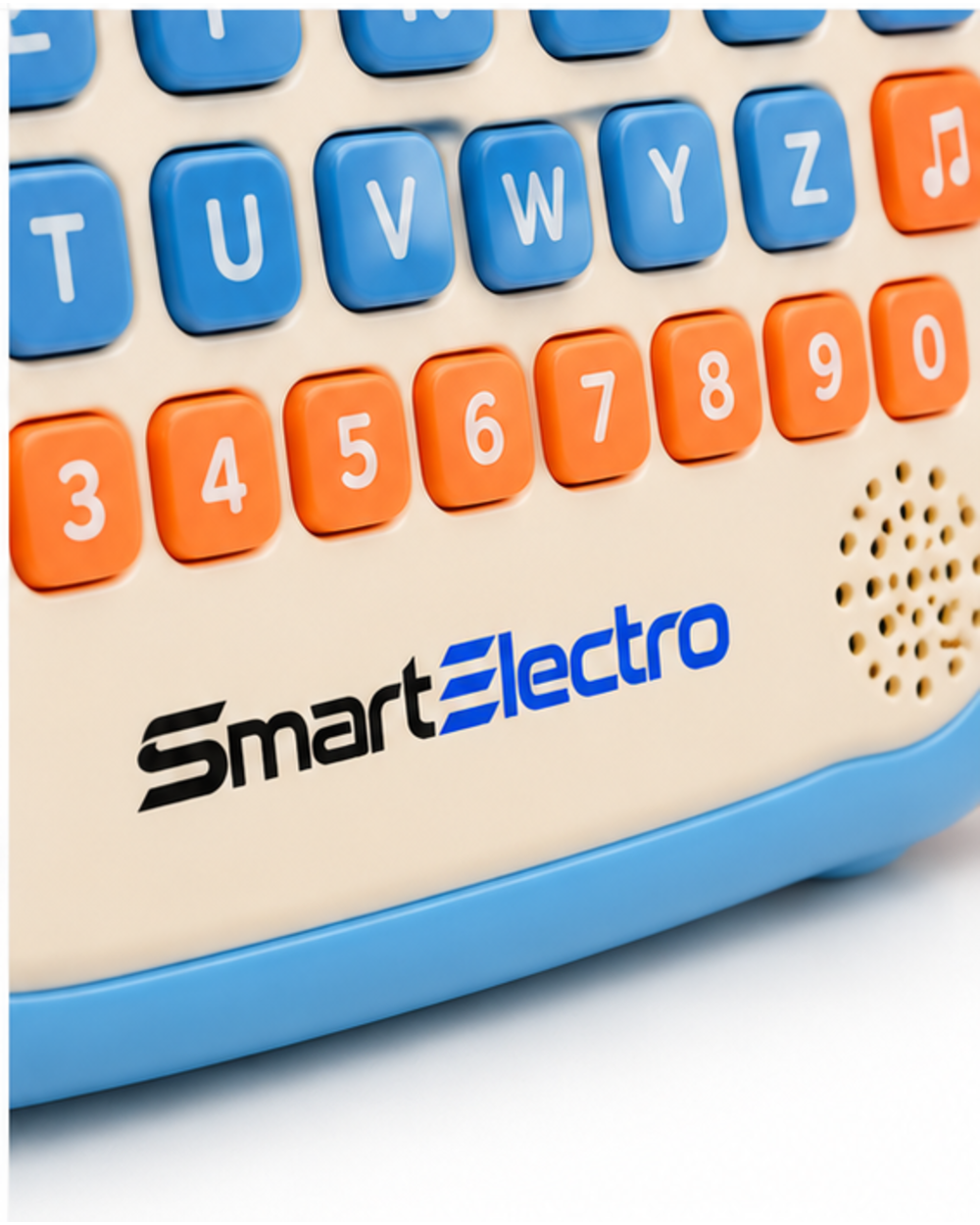 Close-up of the raised letter and number buttons and the SmartElectro branding on the learning tablet toy