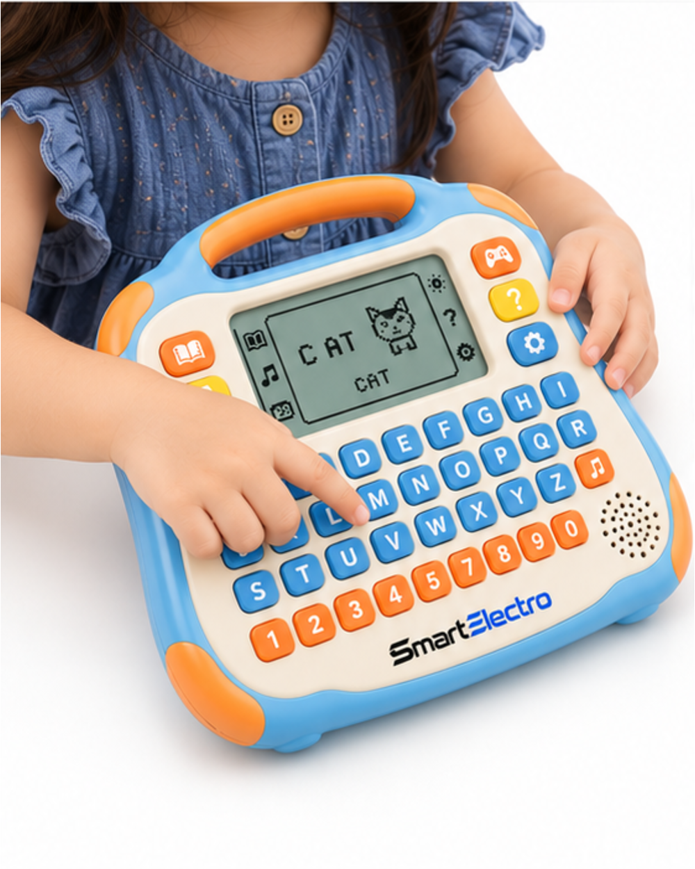 Child spelling a word on the sky blue learning tablet toy