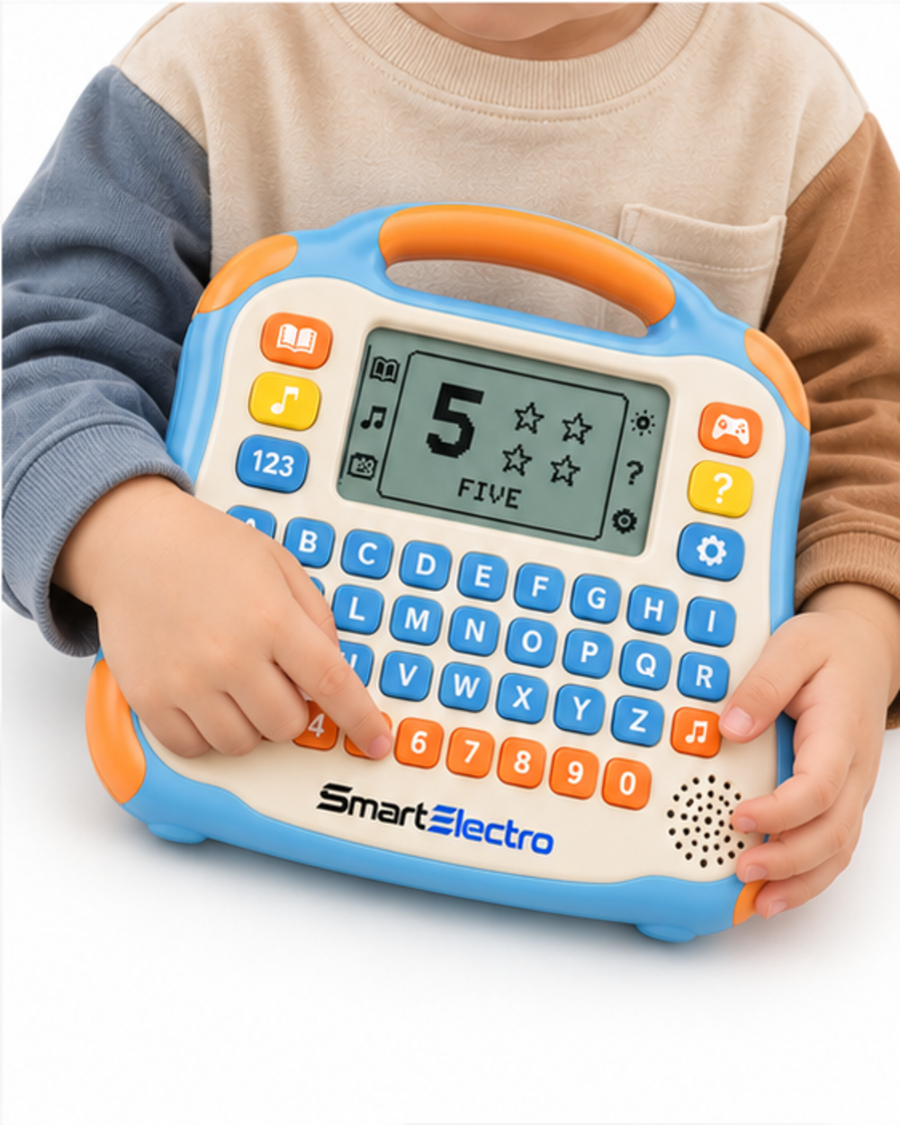Child holding the SmartElectro learning tablet toy showing a number on the screen