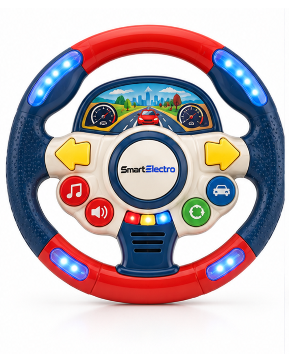 SmartElectro Electronic Light-Up Toy Steering Wheel in navy blue and red with lit rim, front view