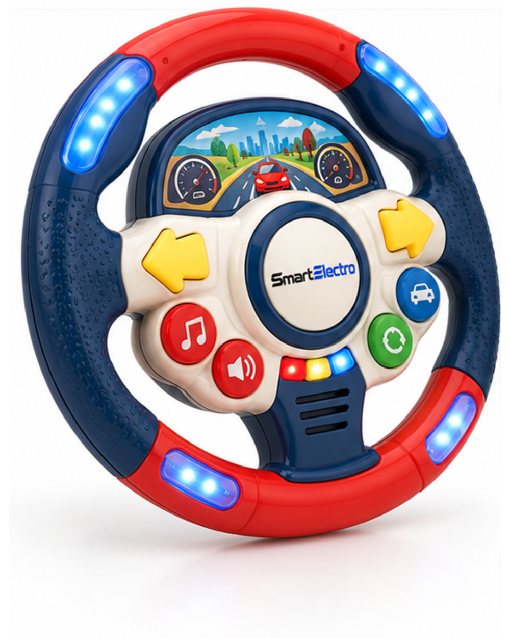 Angled view of the navy blue toy steering wheel with dashboard graphic and hub buttons