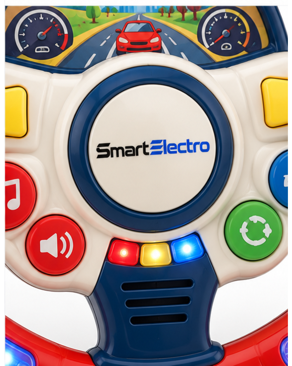 Close-up of the hub with the SmartElectro branding, buttons and indicator lights on the toy steering wheel