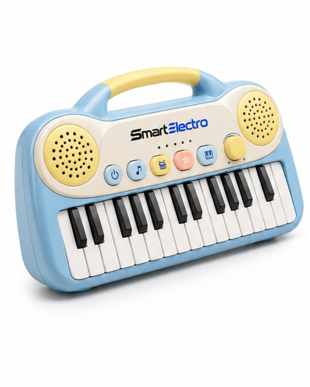 Angled view of the pastel blue keyboard toy with cream control panel and yellow speaker grilles