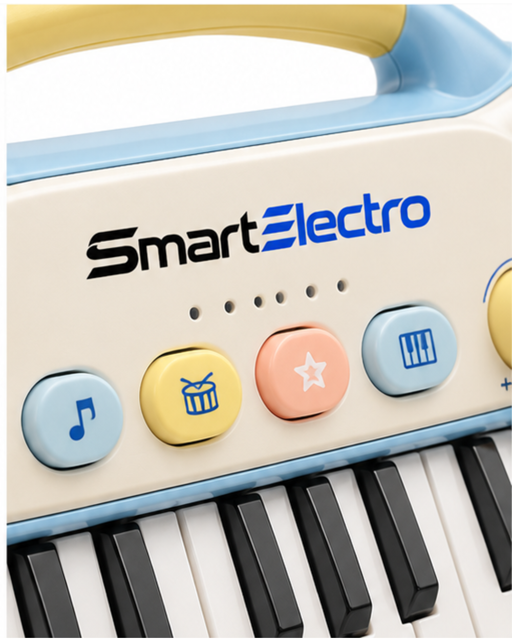 Close-up of the SmartElectro branding and colour-coded function buttons on the keyboard toy