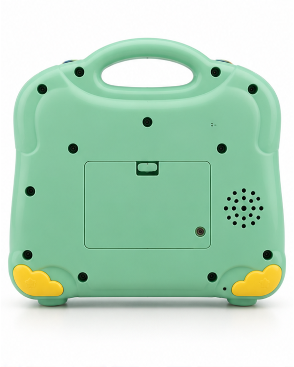 Back of the mint green alphabet learning board showing the screw-secured battery compartment