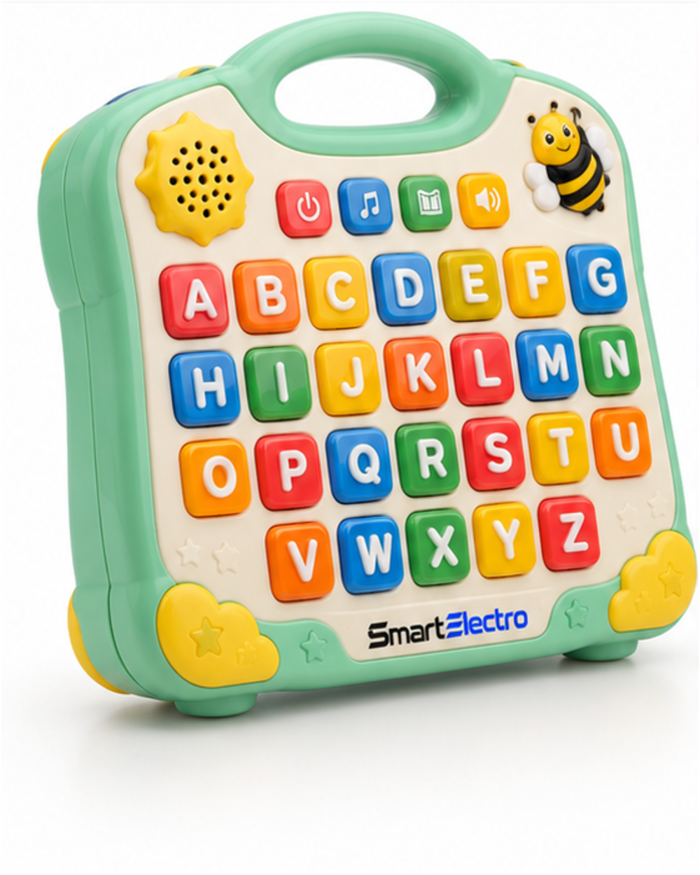 Angled view of the mint green alphabet learning board with bee figure and flower speaker grille