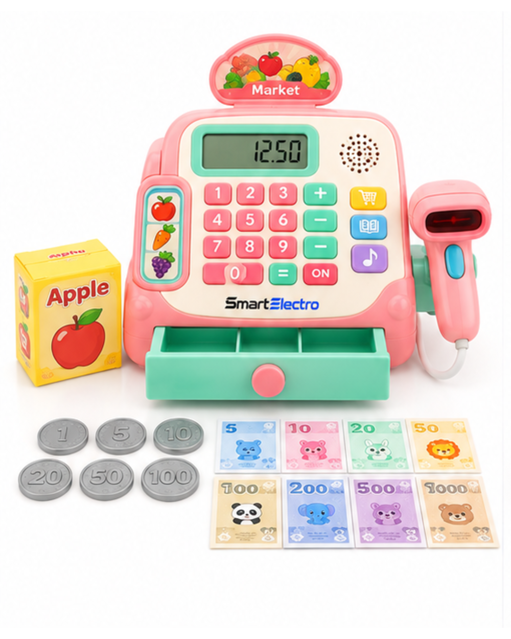 SmartElectro Electronic Toy Cash Register in pastel pink with scanner, grocery box, play coins and banknotes, front view