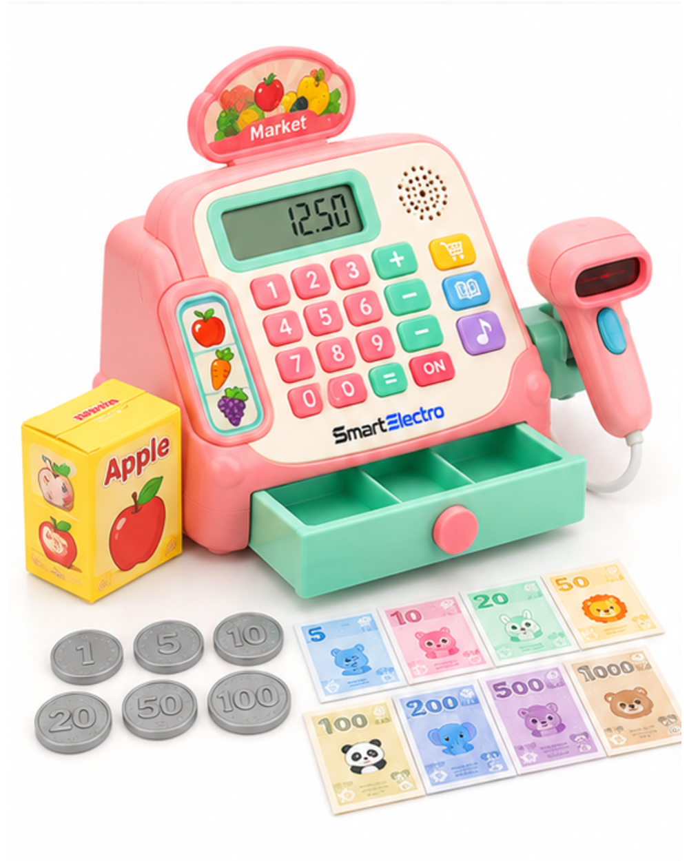 Angled view of the pastel pink toy cash register set with scanner, grocery box, coins and banknotes