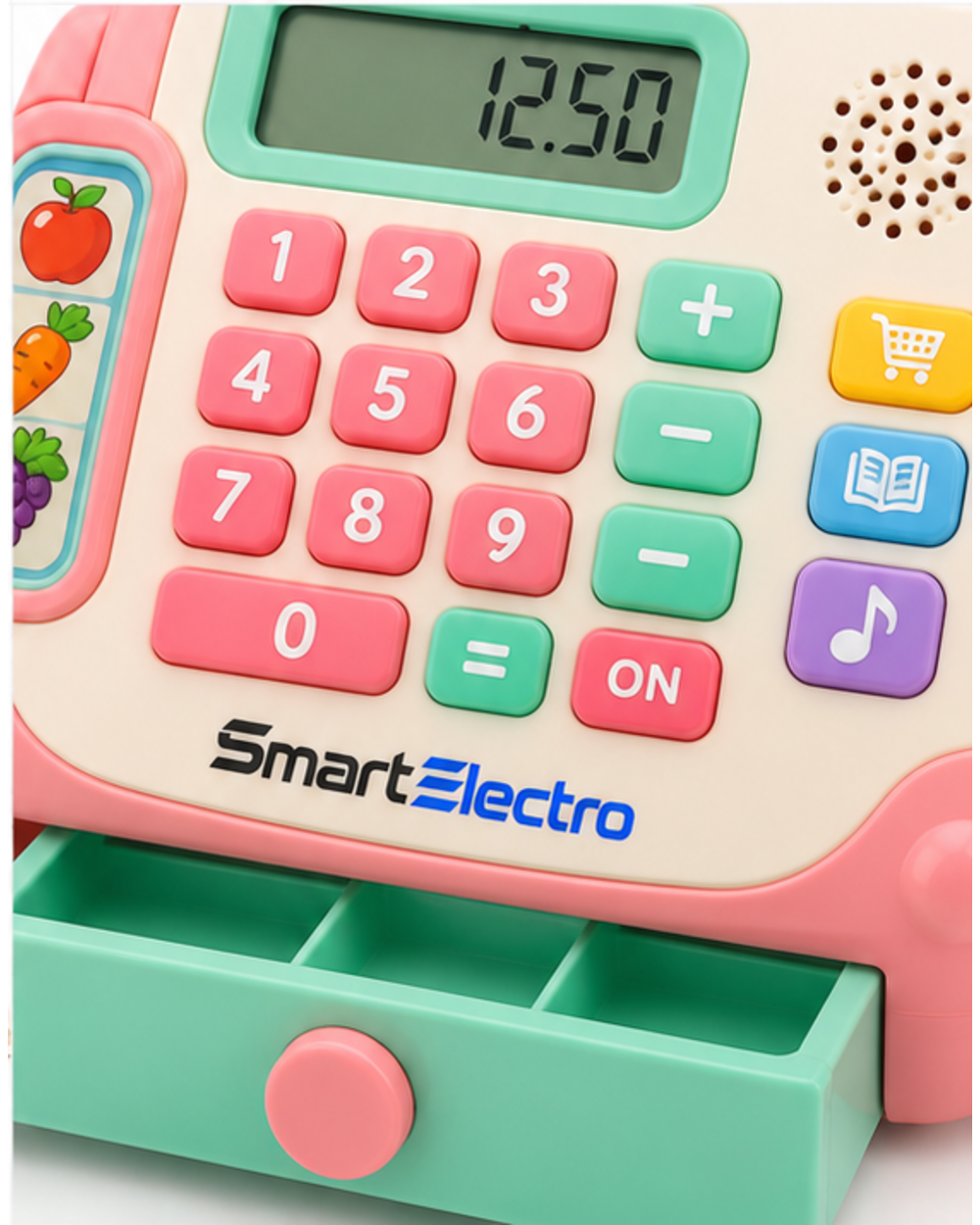 Close-up of the keypad, LCD display, drawer and SmartElectro branding on the toy cash register