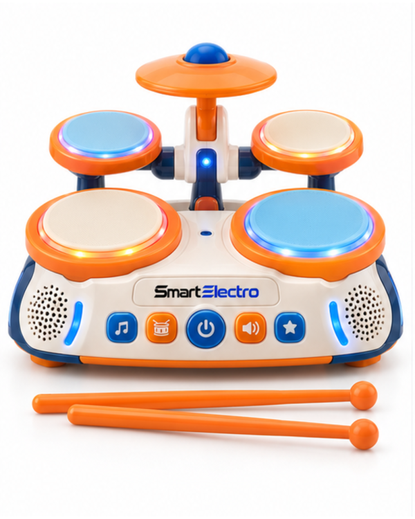 SmartElectro Electronic Toy Drum Set in bright orange with four pads, cymbal and two drumsticks, front view