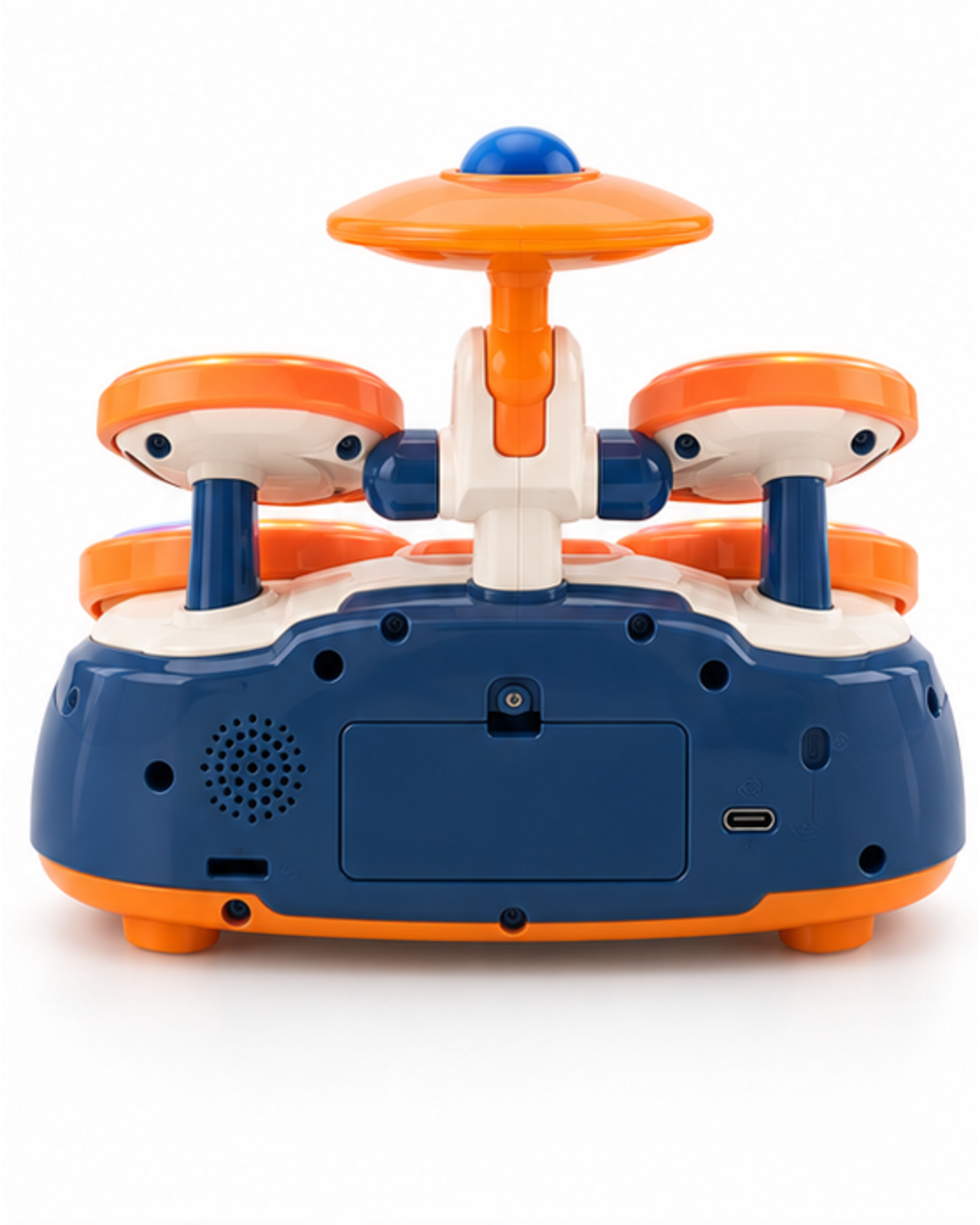 Back of the bright orange toy drum set showing the navy base and battery compartment