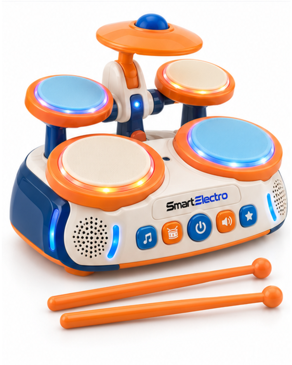 Angled view of the bright orange toy drum set with lit pad rings and two drumsticks