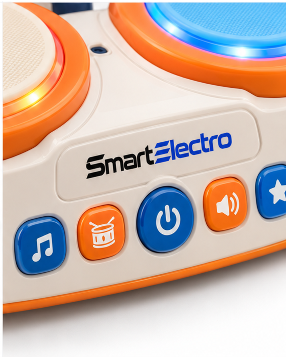 Close-up of the SmartElectro branding, front panel buttons and pad rim on the toy drum set